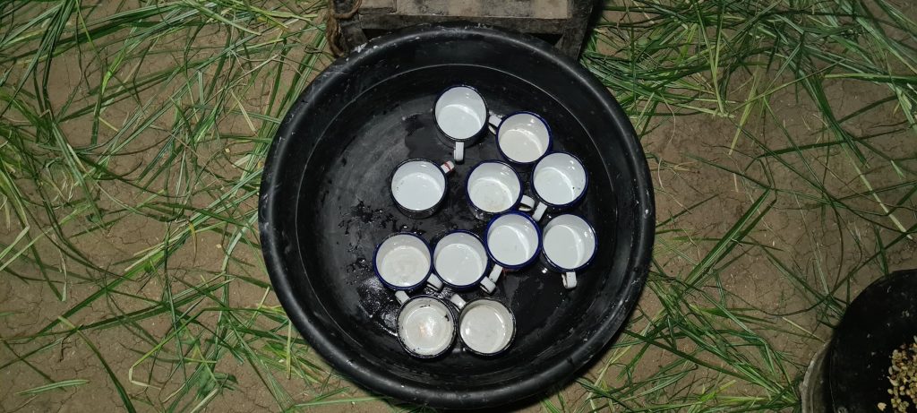 Coffee cups arranged on fresh cut grass for the ceremony