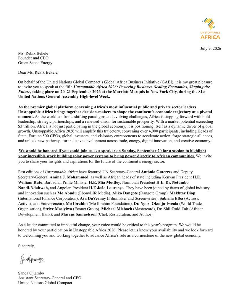 Official speaker invitation letter from the UN Global Compact to Rekik Bekele, signed by Sanda Ojiambo