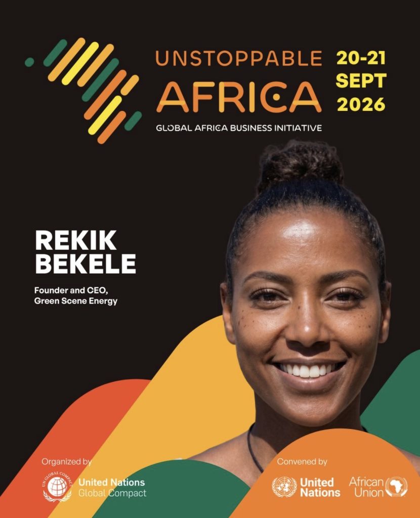 Official Unstoppable Africa 2026 speaker card featuring Rekik Bekele, Founder and CEO of Green Scene Energy, with United Nations, African Union and UN Global Compact logos